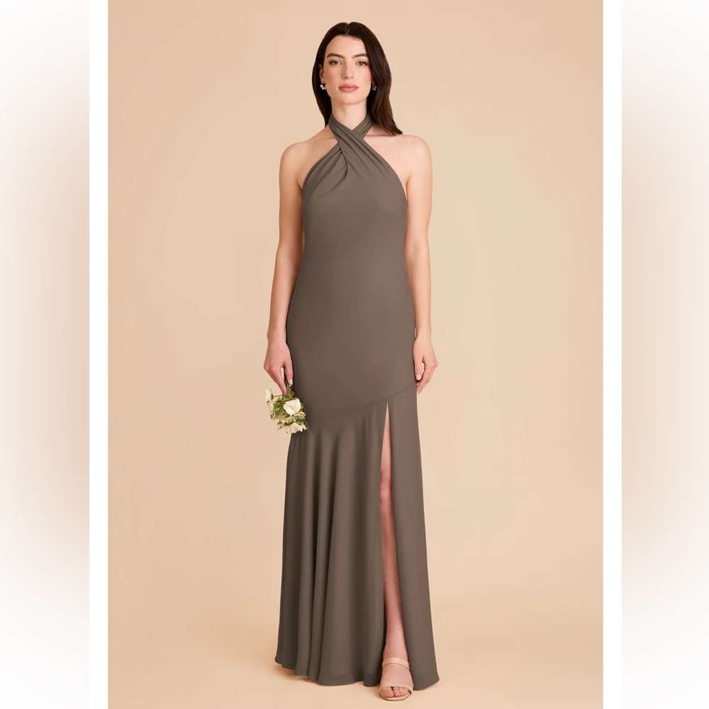 Birdy Grey Matte Satin Mocha Halter-Neck Evening Gown with Front Slit